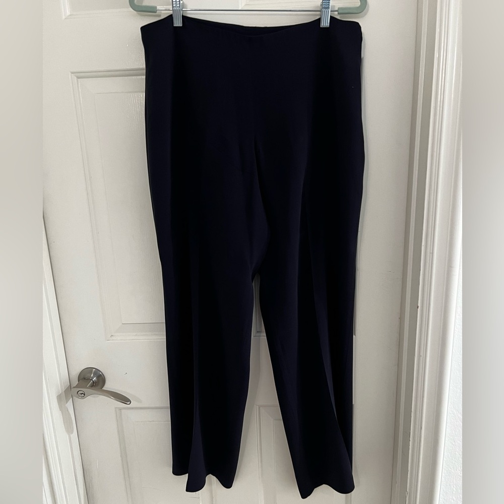 Eileen Fisher silk career dress pants L side zip wide leg navy